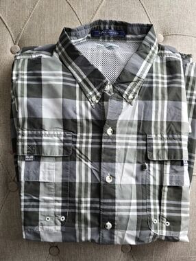 Columbia PFG Super Bahama Olive, Gray & White Plaid Button-Down Fishing Shirt 2x